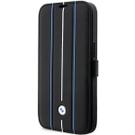 Dėklas BMW BMBKP14L22RVSK iPhone 14 Pro 6.1 juodos/juodos spalvos knygų dėklas Odinis antspaudas Blue Lines