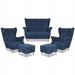 Bonito sofų komplektas su foteliais ir pufais Family Furniture tamsiai mėlynos spalvos