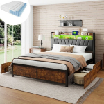 Lova 160&times;200CM, su čiužiniu, LED ap&scaron;vietimu, 4 stalčiais, juoda