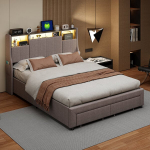 Dvigulė lova, 160 x 200 cm, su LED ap&scaron;vietimu, USB jungtimi ir 2 stalčiais, pilka, lininė