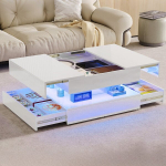 Kavos staliukas su LED ap&scaron;vietimu &ndash; su stalčiais ir paslėpta saugykla &ndash; 78 x 78 x 43 cm &ndash; baltas