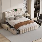 Dvigulė lova 160x200 cm, su LED, USB ir 4 stalčiais, smėlio spalvos, linas