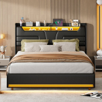 Dvigulė lova 140 x 190 cm, su čiužiniu, LED ap&scaron;vietimu, hidrauliniu pakėlimo mechanizmu, juoda, PU