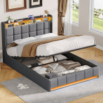 Dvigulė lova 160 x 200 cm, su LED ap&scaron;vietimu, USB C tipo jungtimi, pilka, linas