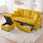 Aksominė sofa su LED ir USB C, su saugojimu ir gėrimų laikikliais, geltona