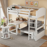 Vaiki&scaron;ka auk&scaron;ta lova 90x200 cm su kopėčiomis, stalu, sofa su sandėliavimu, trys pagalvės, lentynos, balta