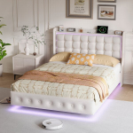 Plaukiojanti dvigulė lova 140x200, LED ir C tipo galvūgalis, jaunimui, aksominė, balta