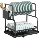 Dviejų lygių indų džiovyklė su nutekėjimu ir stalo įrankių laikikliu