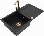 Granitinė virtuvinė plautuvė Mexen Leo su mai&scaron;ytuvu ir sifonu, Black+Gold