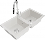 Granitinė virtuvinė plautuvė Mexen Mario su mai&scaron;ytuvu ir sifonu, White+Chrome