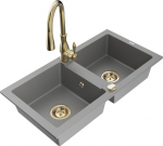 Granitinė virtuvinė plautuvė Mexen Mario su mai&scaron;ytuvu ir sifonu, Grey+Gold