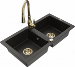 Granitinė virtuvinė plautuvė Mexen Mario su mai&scaron;ytuvu ir sifonu, Metallic black/gold+Gold