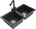 Granitinė virtuvinė plautuvė Mexen Mario su mai&scaron;ytuvu ir sifonu, Black granite+Black
