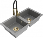 Granitinė virtuvinė plautuvė Mexen Mario su mai&scaron;ytuvu ir sifonu, Grey+Black/Gold