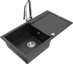 Granitinė virtuvinė plautuvė Mexen Leo su mai&scaron;ytuvu ir sifonu, Metallic black/silver+Chrome