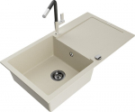 Granitinė virtuvinė plautuvė Mexen Leo su mai&scaron;ytuvu ir sifonu, Beige+Black/Chrome