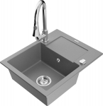Granitinė virtuvinė plautuvė Mexen Enzo su mai&scaron;ytuvu ir sifonu, Grey+Chrome