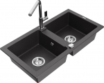 Granitinė virtuvinė plautuvė Mexen Mario su mai&scaron;ytuvu ir sifonu, Black granite+Chrome