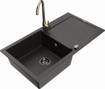Granitinė virtuvinė plautuvė Mexen Leo su mai&scaron;ytuvu ir sifonu, Metallic black/gold+Gold