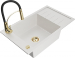 Granitinė virtuvinė plautuvė Mexen Elias su mai&scaron;ytuvu ir sifonu, White+Black/Gold