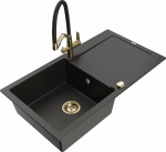 Granitinė virtuvinė plautuvė Mexen Leo su mai&scaron;ytuvu ir sifonu, Metallic black/gold+Black/Gold