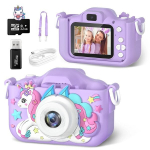 Skaitmeninis fotoaparatas Vaikų mini fotoaparatas Cartoon Unicorn žaislai mergaitėms berniukams gimtadienio dovanos 1080P HD 2 colių ekranas su 32G SD kortele Įra&scaron;yti gyvenimą kamera Violetinė B02
