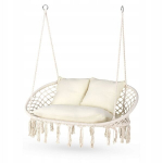 Dvivietės pakabinamos sūpynės su pagalvėlėmis, boho stiliaus, balta