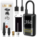 Įkraunamas ir ne&scaron;iojamas belaidis oro kompresorius LIVMAN ATJ-8466 su žibintuvėliu, LED ekranu, i&scaron;maniuoju pripūtimo valdymu, 4 skirtingais antgaliais skirtingiems daiktams pripūsti ir i&scaron;orinės baterijos funkcija, 4000mAh
