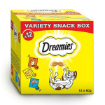 Dreamies Variety Snack Box su vi&scaron;tiena, sūriu ir la&scaron;i&scaron;a, 12x60 g