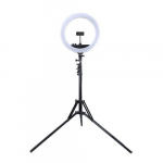 LED žiedinė lempa 34.5cm, su trikoju stovu iki 1.85m, veidrodžiu ir telefono laikikliu, USB