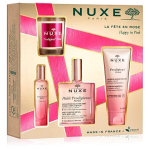 Dovanų rinkinys Nuxe Happy In Pink moterims: kvapusis vanduo EDP, 15 ml + du&scaron;o žėlė, 100 ml + kūno aliejus, 100 ml + kvepianti žvakė, 70 g
