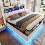 Lova 180 x 200 cm, su LED ap&scaron;vietimu ir USB jungtimi, vieta daiktams susidėti, lininis audinys, Balta