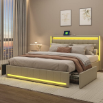 Dvigulė lova 180 x 200 cm, mink&scaron;ta lova su LED ap&scaron;vietimu, USB jungtimi ir 4 stalčiais paaugliams ir suaugusiems, smėlio spalvos lininė