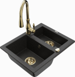 Granitinė virtuvinė plautuvė Mexen Carlos su mai&scaron;ytuvu ir sifonu, Metallic black/Silver/Gold