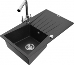 Granitinė virtuvinė plautuvė Mexen Cesar su mai&scaron;ytuvu ir sifonu, Metallic black/silver/chrome