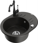 Granitinė virtuvinė plautuvė Mexen Kevin su mai&scaron;ytuvu ir sifonu, Metallic black/gold/Black