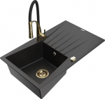 Granitinė virtuvinė plautuvė Mexen Cesar su mai&scaron;ytuvu ir sifonu, Metallic black/silver/black/gold