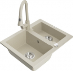 Granitinė virtuvinė plautuvė Mexen Carlos su mai&scaron;ytuvu ir sifonu, Beige