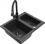 Granitinė virtuvinė plautuvė Mexen Carlos su mai&scaron;ytuvu ir sifonu, Black granite+Black