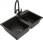 Granitinė virtuvinė plautuvė Mexen Tomas su mai&scaron;ytuvu ir sifonu, Metallic black/gold/Black