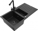 Granitinė virtuvinė plautuvė Mexen Matias su mai&scaron;ytuvu ir sifonu, Metallic black/silver/black