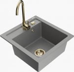 Granitinė virtuvinė plautuvė Mexen Vito su mai&scaron;ytuvu ir sifonu, Grey+Gold