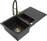 Granitinė virtuvinė plautuvė Mexen Matias su mai&scaron;ytuvu ir sifonu, Metallic black/Silver/Black/Gold