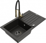 Granitinė virtuvinė plautuvė Mexen Pablo su mai&scaron;ytuvu ir sifonu, Metallic black/Black/Gold