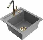 Granitinė virtuvinė plautuvė Mexen Vito su mai&scaron;ytuvu ir sifonu, Grey+Black/Gold