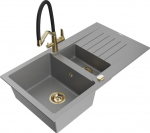 Granitinė virtuvinė plautuvė Mexen Matias su mai&scaron;ytuvu ir sifonu, Grey/Black/Gold