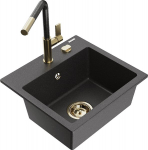 Granitinė virtuvinė plautuvė Mexen Milo su mai&scaron;ytuvu ir sifonu, Black granite+Black granite/Gold