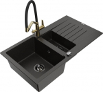 Granitinė virtuvinė plautuvė Mexen Matias su mai&scaron;ytuvu ir sifonu, Metallic black/Black/Gold