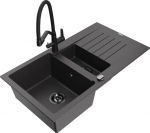 Granitinė virtuvinė plautuvė Mexen Matias su mai&scaron;ytuvu ir sifonu, Black granite/Black
