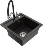 Granitinė virtuvinė plautuvė Mexen Vito su mai&scaron;ytuvu ir sifonu, Metallic black/gold+Black/Chrome